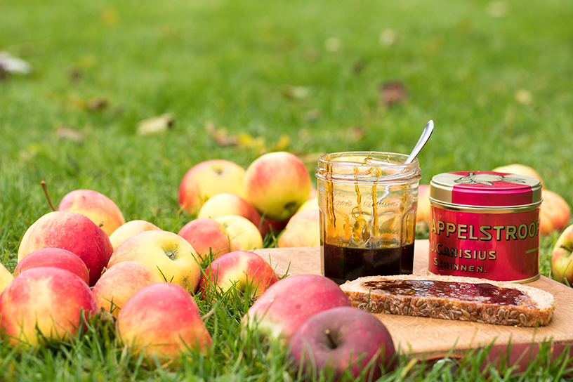 appels in het gras met blikje appelstroop